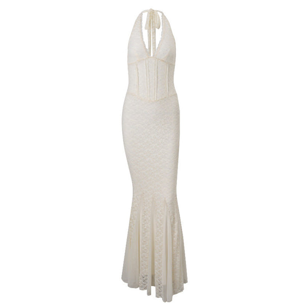 V neck backless halter lace mesh maxi dress
