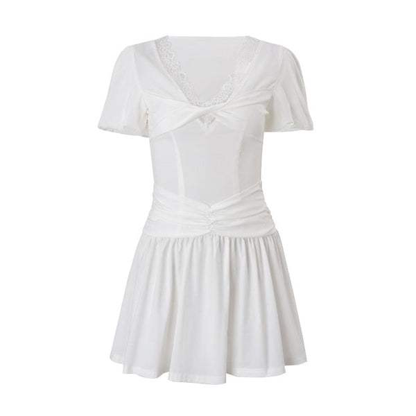 Puff sleeve v neck lace hem ruched mini dress
