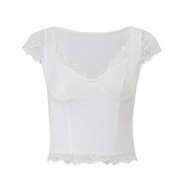 Cap sleeve lace hem v neck top