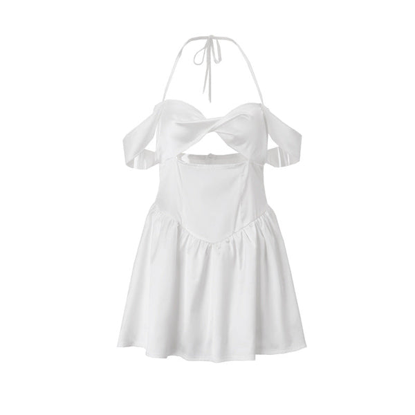 Halter off shoulder hollow out zip-up mini dress