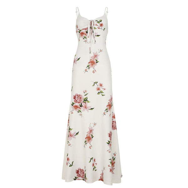 V neck self tie flower print cami maxi dress