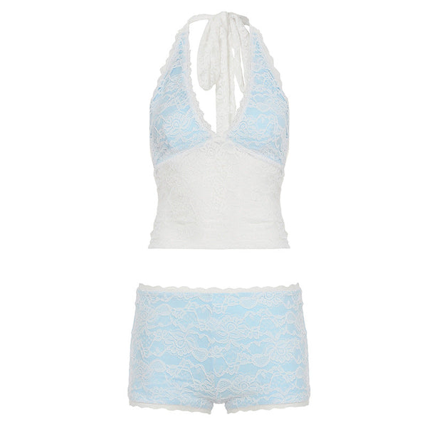 Lace v neck halter self tie low rise pant set