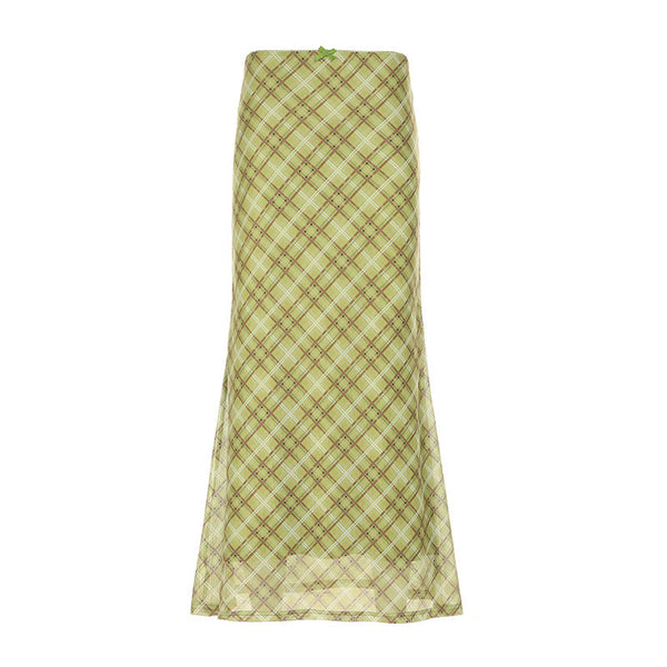 Bowknot plaid mesh contrast midi skirt