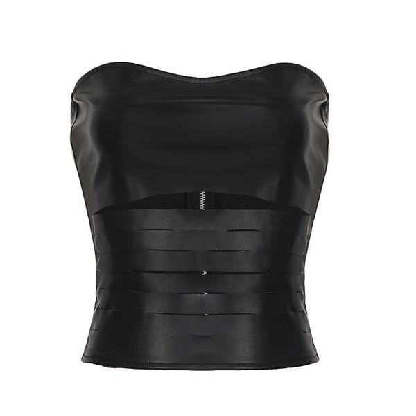 Hollow out zip-up PU leather tube top