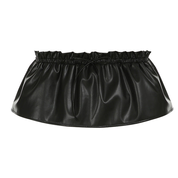 Ruched PU leather ruffle self tie mini skirt