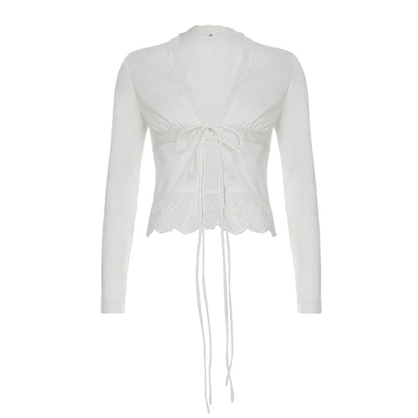 Long sleeve lace hem v neck self tie top