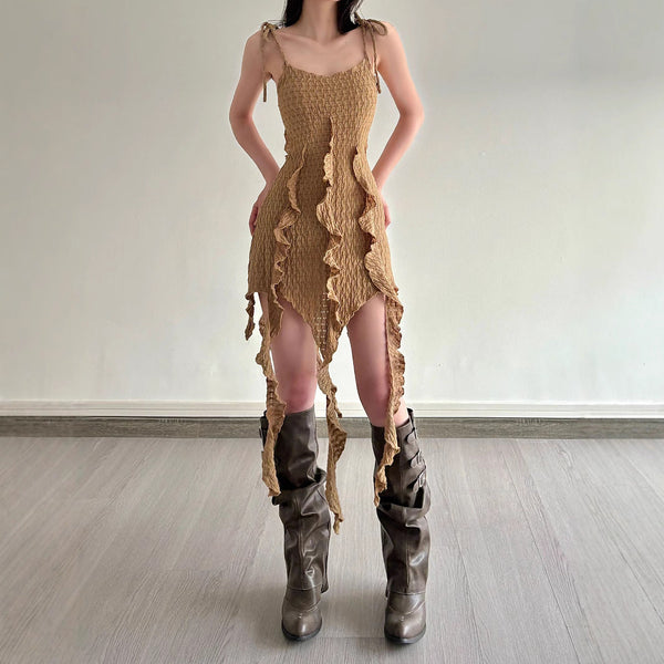 Ruffle v neck textured self tie cami mini dress