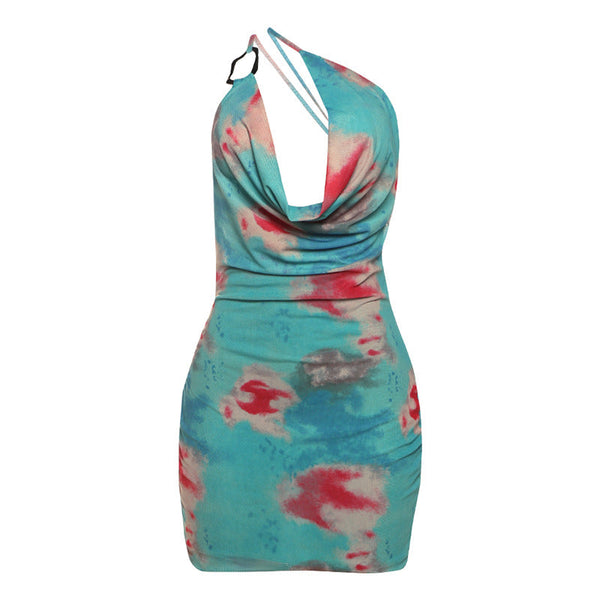 Ruched flower print one shoulder mini dress