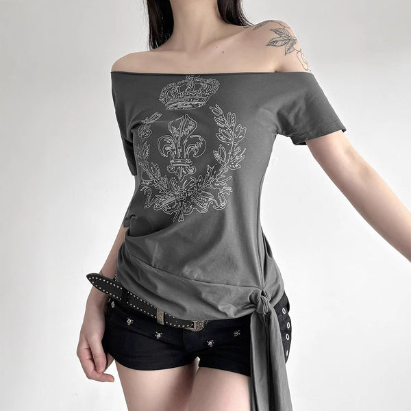 Off shoulder short sleeve knotted abstract top