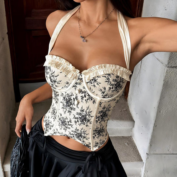 Halter ruffle corset flower print lace up top