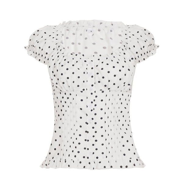 Polka dot cap sleeve button ruffle top