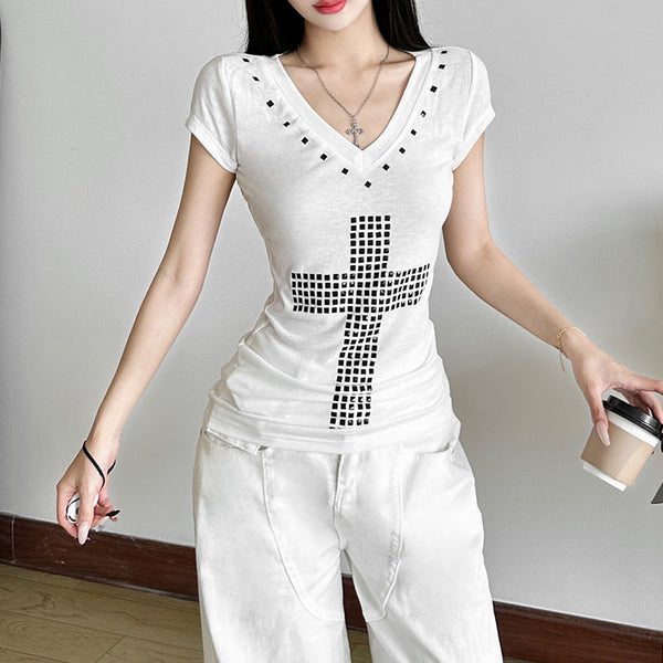 Short sleeve v neck cross pattern top