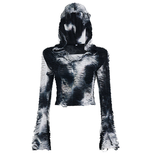 Tie dye hoodie long sleeve hollow out top