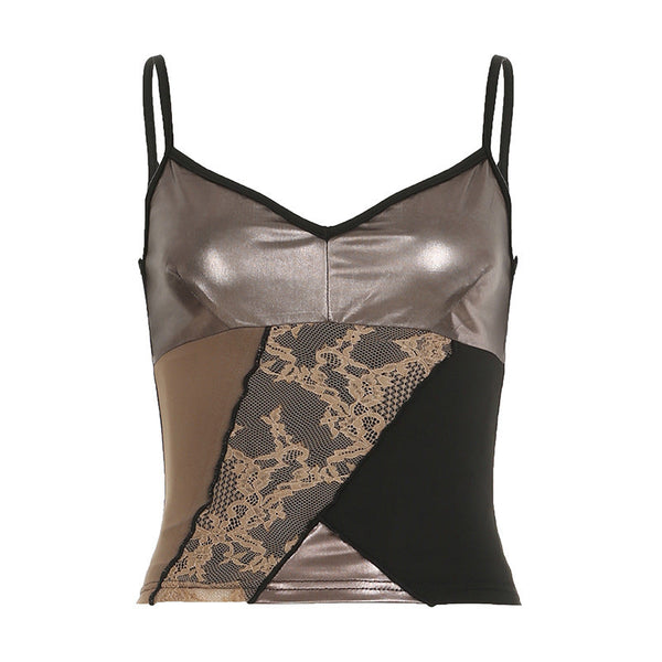 V neck lace patchwork cami top