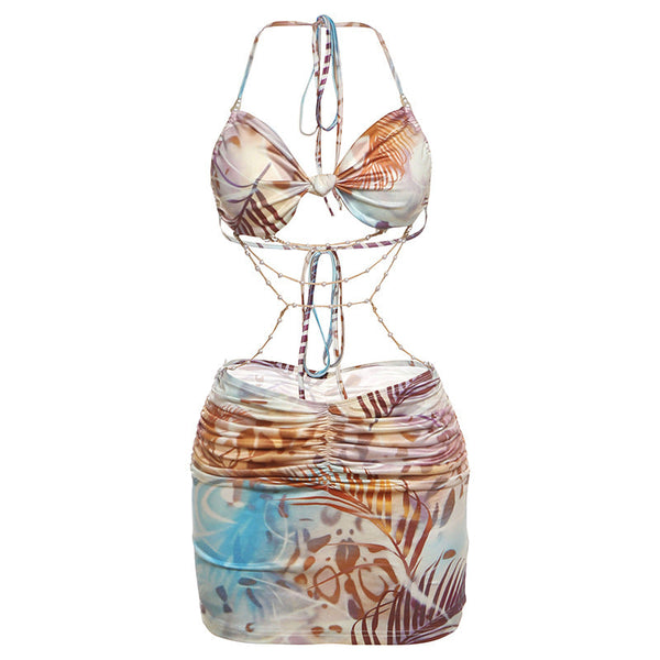 Halter metal chain self tie ruched backless mini dress