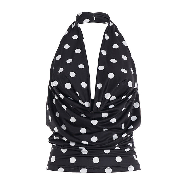 Polka dot halter ruched backless top