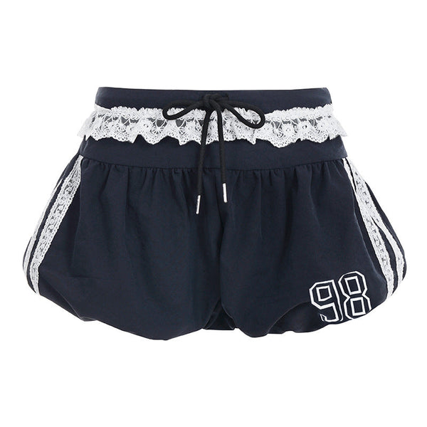 Lace hem drawstring "98" print short pant