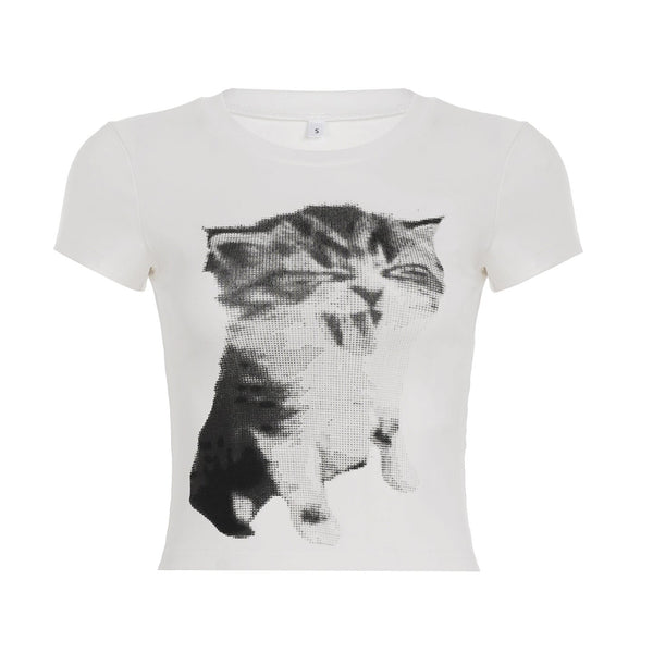 Short sleeve crewneck cat print top