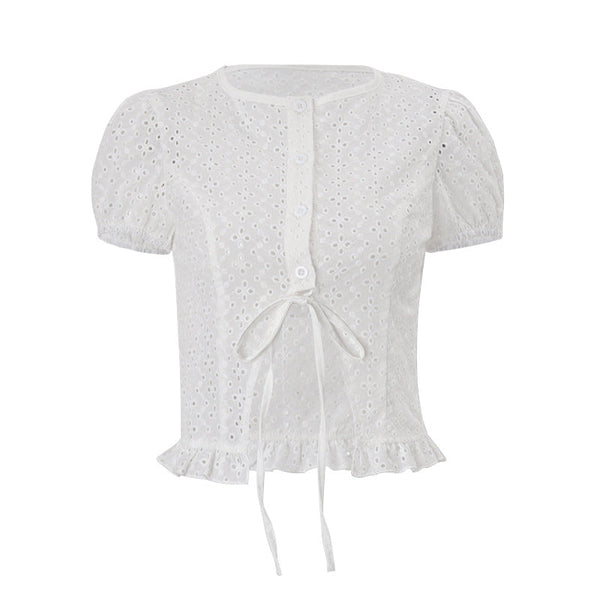 Short sleeve crewneck button hollow out crop top