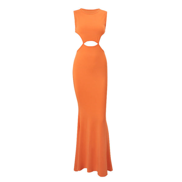Hollow out crewneck orange backless maxi dress