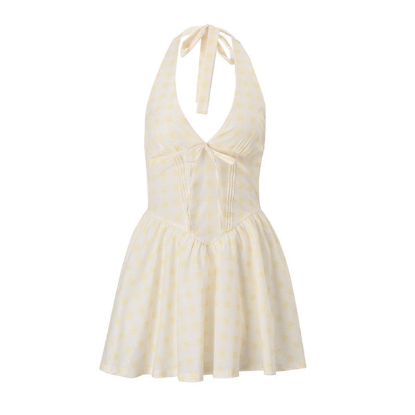 Halter self tie striped print v neck mini dress