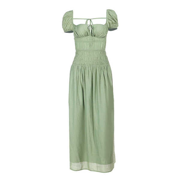 Ruched puff sleeve self tie backless maxi dress