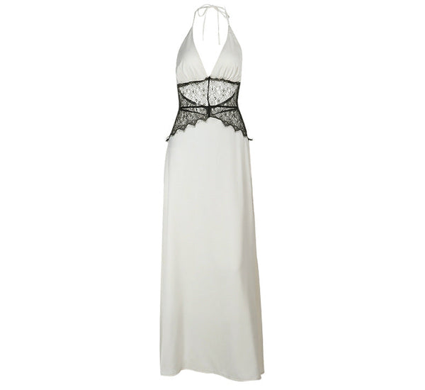 Halter self tie v neck lace hem zip-up maxi dress