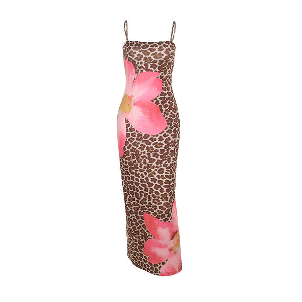 Leopard print square neck slit cami maxi dress