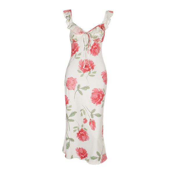 Ruffle self tie v neck flower print cami midi dress