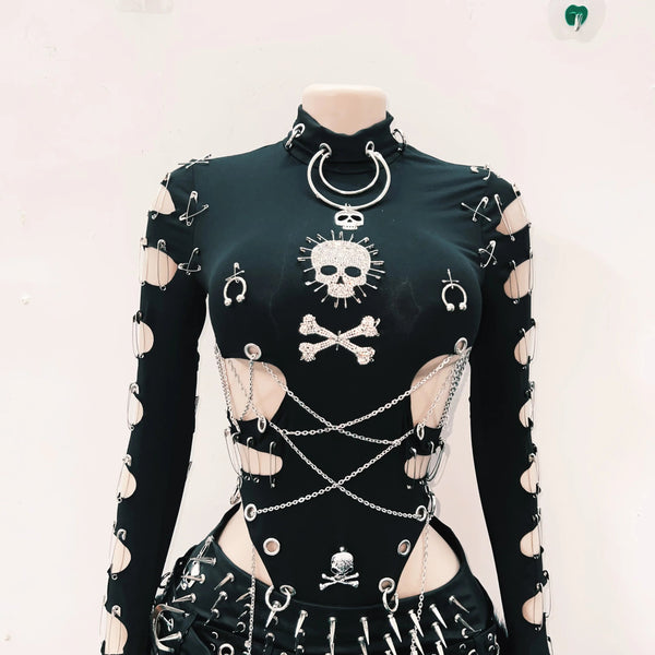 Long sleeve hollow out metal chain skull applique top
