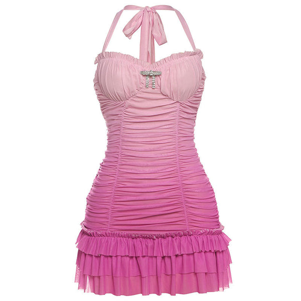 Gradient halter ruched mesh mini dress