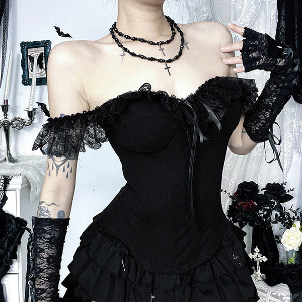 Lace hem off shoulder ribbon zip-up tube top