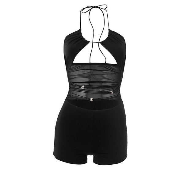 Hollow out halter self tie mesh romper