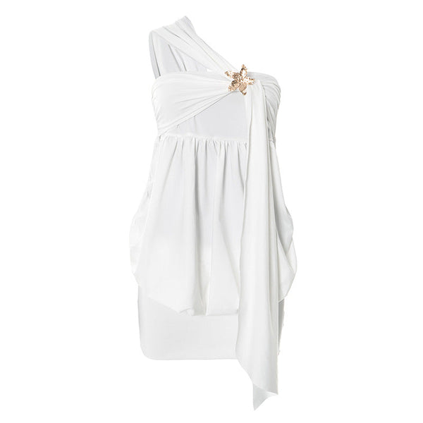 One shoulder ruched irregular solid mini dress