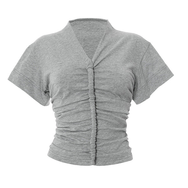 Ruched v neck short sleeve solid top