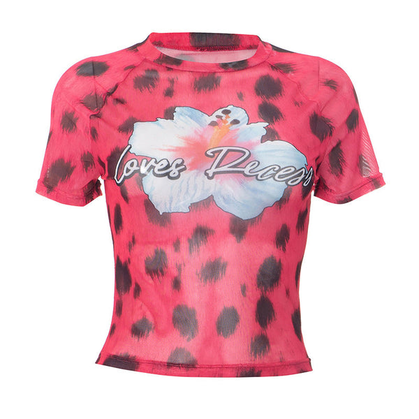 Crewneck short sleeve leopard print top