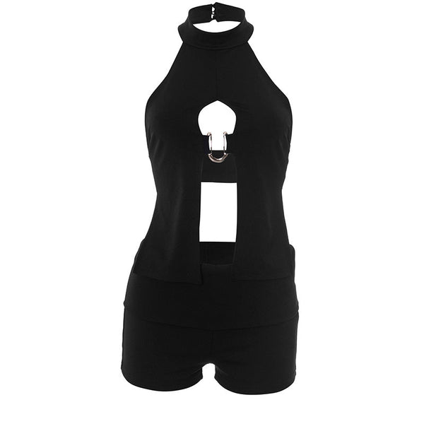Halter hollow out button solid crop pant set