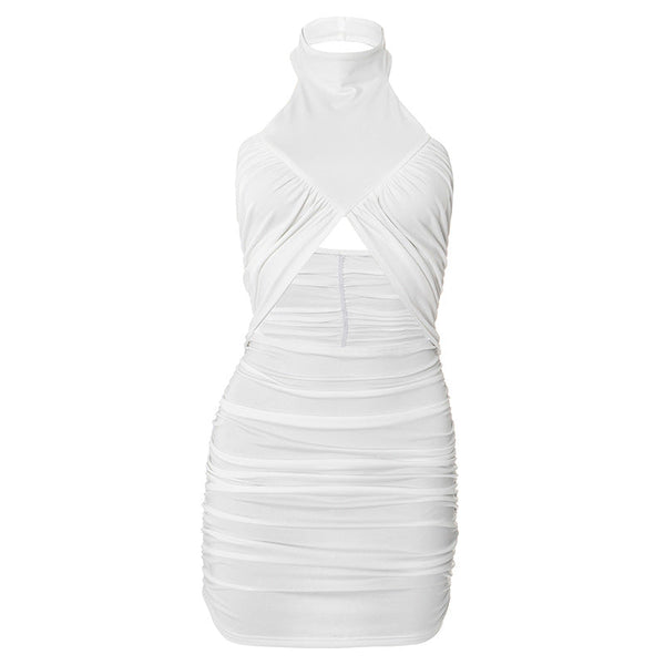 Hollow out ruched halter white mini dress