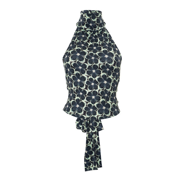 Halter self tie flower print backless top