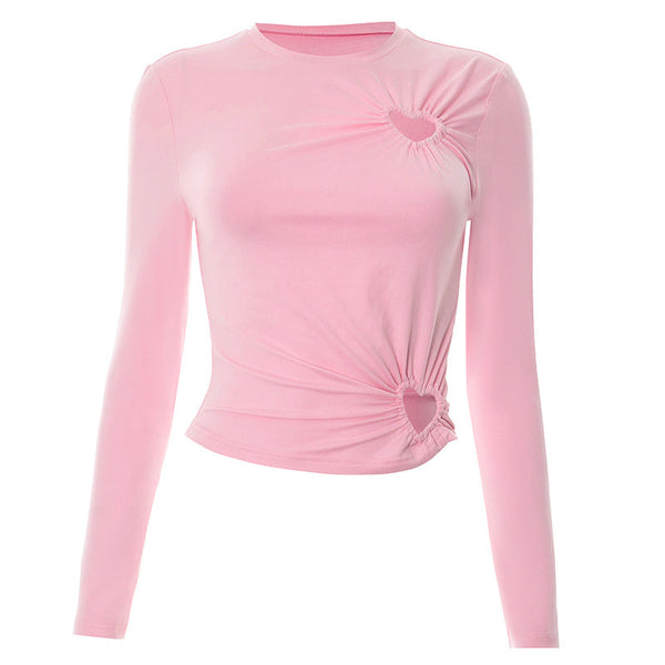 Long sleeve hollow out crewneck ruched top