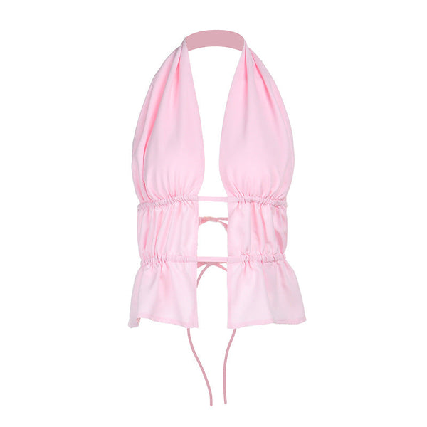 Halter ruched self tie hollow out pink top