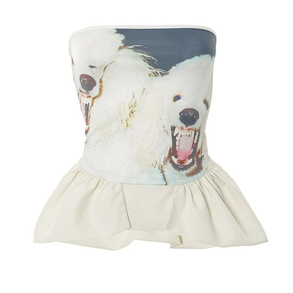 Ruched puppy print backless tube top