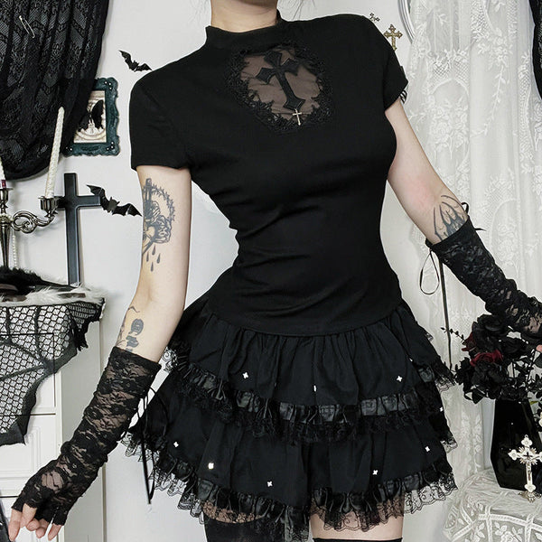 Ruched lace hem A line black mini skirt