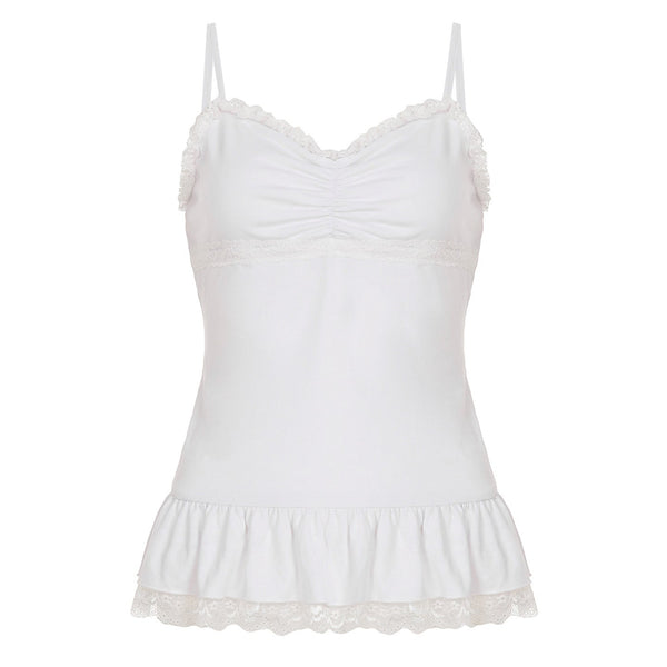 Ruched lace hem v neck white cami top