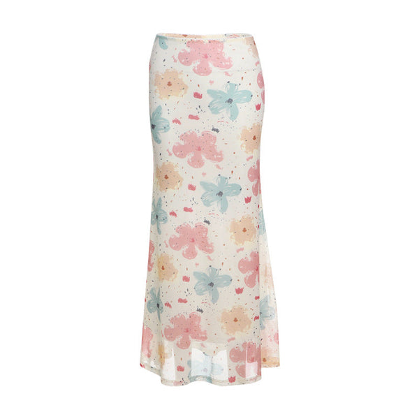 Mesh flower print maxi skirt