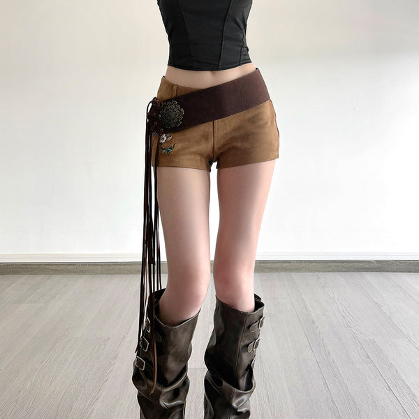 Flower embroidery zip-up short pant