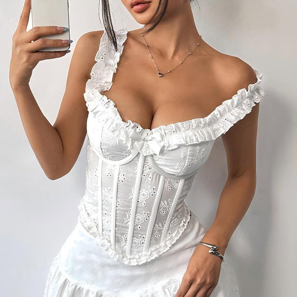 Bowknot ruffle v neck self tie corset tank top