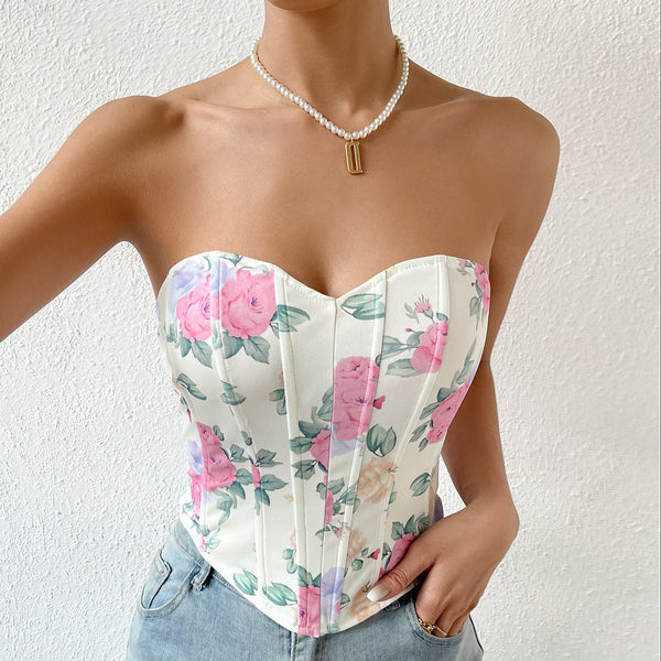 Sweetheart neck flower print corset tube top
