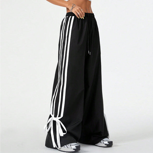 Self tie drawstring high rise wide leg pant