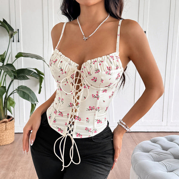 Ruched flower print lace up v neck cami top